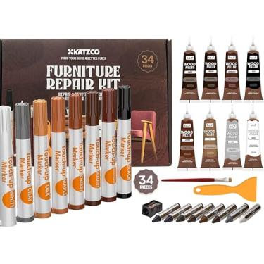 Imagem de Katzco Conjunto de 34 marcadores de madeira kit de reparo de móveis - marcadores de reparo de arranhões de madeira e bastões de cera com apontador - para manchas, arranhões, pisos, mesas, mesas