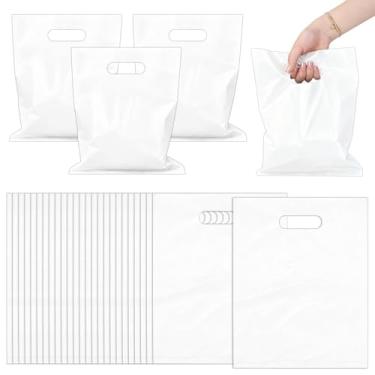 Imagem de BadenBach Pacote com 100 sacos plásticos brancos de 23 x 30 cm com alças, sacola de compras de varejo de mercadorias, sacolas de presente, para pequenas empresas, boutique, casamento, aniversário, chá