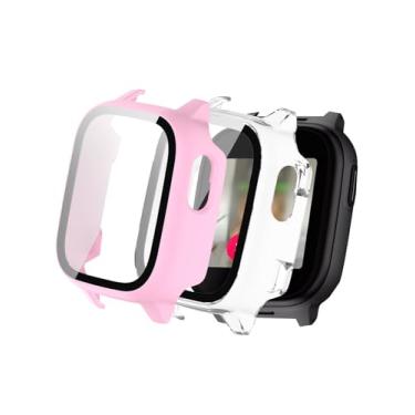 Imagem de WUNIAK Capa para relógio inteligente Cosmo JrTrack 5 Kids 2025, protetor de tela de PC rígido, vidro temperado 9H ultrafino cobertura total bumper à prova de choque, (pacote com 2, transparente + rosa