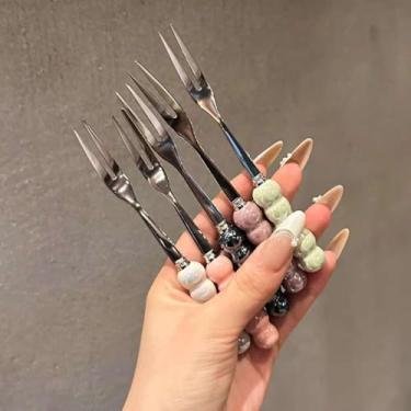 Imagem de 5 peças/conjunto de garfos de frutas com cabo longo de aço inoxidável, para casa, sobremesa, sorvete, restaurante, cozinha, utensílio, cor aleatória