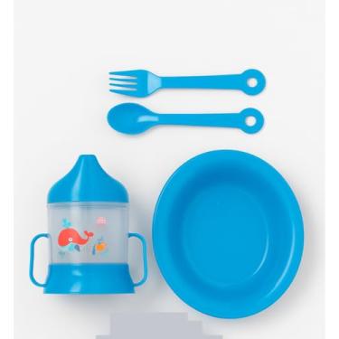 Imagem de Kit de Alimentação Infantil 3 Peças com Prato, Copo de Treinamento com Alças e Talheres, Plástico Livre de BPA, Design com Animais Marinhos, Rosa e Azul (Azul)