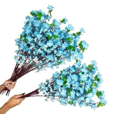 Imagem de Galho de Cerejeira Artificial 65cm – Kit 10 a 40 Ramos, Flor de Pessegueiro Estilo Oriental para Decoração de Casa, Casamento e Festas(Azul Claro)