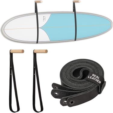 Imagem de Hang 11 Suporte de parede para prancha de surfe – cabides de parede para prancha de surf, lindo suporte de madeira e couro sustentável, perfeito para exibir sua prancha, racks de surf horizontais,