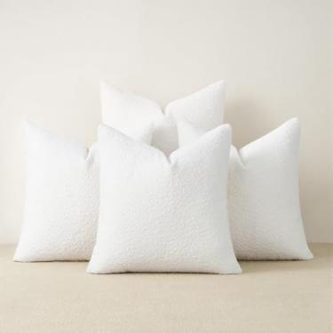 Imagem de Topfinel Pacote de 4 capas de almofada brancas creme, 50,8 x 50,8 cm, forro de algodão de linho, decorativo, texturizado, realce sólido, capa de almofada de sofá para cadeira, sofá, quarto, sala de