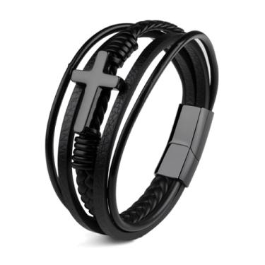 Imagem de Udolfly Pulseiras masculinas de couro trançado, pulseira cruzada multicamadas com fecho e pulseira, joia masculina, 9.0 Inches, Sem Pedra Preciosa