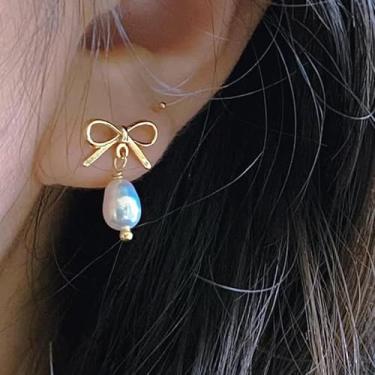 Imagem de Brincos de pérola com laço para mulheres, argola pendurada, noiva, casamento, presente de dia dos namorados, presentes de amizade