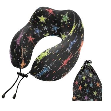 Imagem de CEBUGI Travesseiros de viagem portáteis em forma de U, travesseiro de pescoço de espuma viscoelástica com trava de corda ajustável para avião, viagem, trem, negócios, escritório, soneca (estrelas)