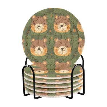 Imagem de Wassud Porta-copos com suporte, urso fofo, absorvente de tecido, conjunto de porta-copos para decoração de casa, proteção de mesa, 6 peças