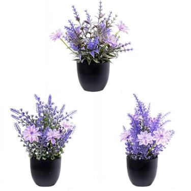 Imagem de 3 peças de lavanda artificial em vaso de plantas roxas com margaridas em vaso, arranjos florais falsos para mesa de festa de casamento, decoração de mesa, escritório, cozinha