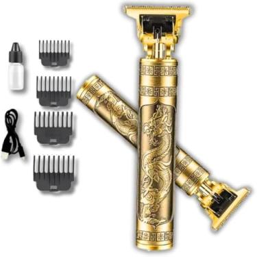 Imagem de Máquina de Acabamento Profissional Dragão T9 Vintage Recarregável USB Bivolt | Aparador de Barba, Cabelo e Pezinho | Lâminas Inox T-Blade Zero | Desenhos e Depilação Corporal | Kit 4 Pentes (1.5-4mm)