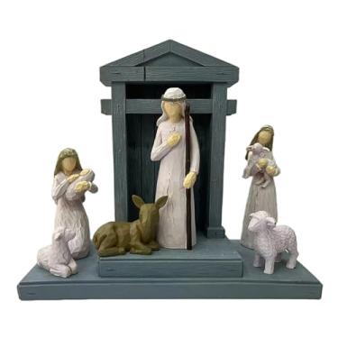 Imagem de LIVINGBELL Conjunto de 6 peças de presépio de Natal com estátua de enfeite de família sagrada crech interior Jesus decoração de Natal estatuetas de resina pintadas à mão