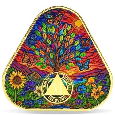 Imagem de Masfoponic Moeda de sobriedade triângulo de árvore borboleta colorida de 6 anos - Medalhão Journey into Serenity NA - Token espiritual para recuperação e tempo limpo - Empoderando chips NA AA