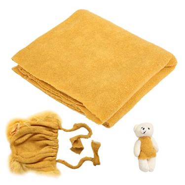 Imagem de aqxreight 3 Peças Adereços para Fotografia de bebê Chapéu Cobertor Envoltório Conjunto de Brinquedos Fantasia Roupas para Recém-nascidos café Chapéu de Três Peças Colocado e Brinquedo e tricô de