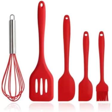 Imagem de Kit de Utensílios de Cozinha em Silicone 5 Peças – Espátulas, Pincel e Fouet, Resistente ao Calor, Antiaderente (Vermelho)
