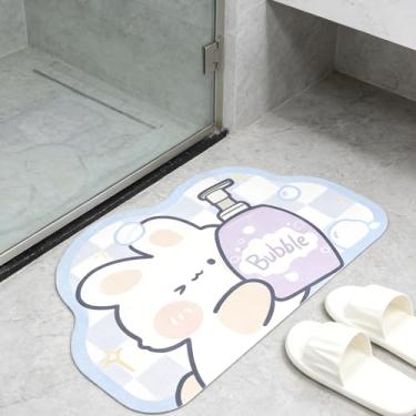 Imagem de Tyrafry Tapete de banheiro fino antiderrapante com suporte de borracha, tapete de banho de microfibra de secagem rápida e absorvente, tapete moderno para banheira, creme, chuveiro, pia, coelho azul