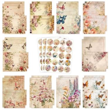 Imagem de RAORAOYUE Conjunto de papel de papelaria, 160 peças, borboleta floral vintage, 50 papéis de papelaria, 50 envelopes, 60 adesivos de bolinhas redondas