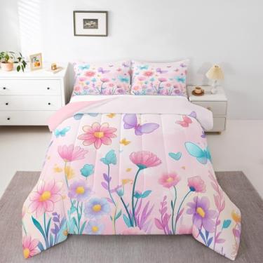 Imagem de jejeloiu Jogo de cama solteiro com estampa floral de borboleta, estampa floral, primavera, para decoração de quarto