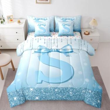 Imagem de Erosebridal Conjunto de edredom queen com laço azul fofo para meninas adolescentes | Jogo de cama com letra S em uma bolsa, moderno, com laço coquete, 7 peças, conjunto de edredom para