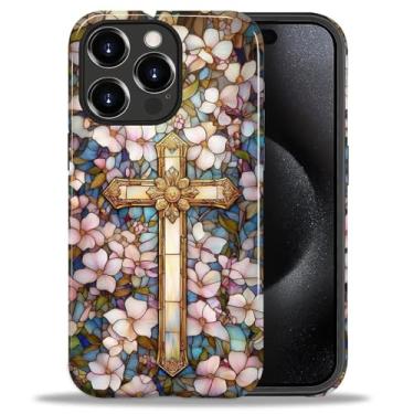 Imagem de ANLUN STORE Capa para iPhone 15 Pro, proteção dupla híbrida TPU macio + PC rígido à prova de choque, capa protetora antiarranhões e fina para homens e mulheres - design floral com cruz cristã e flores