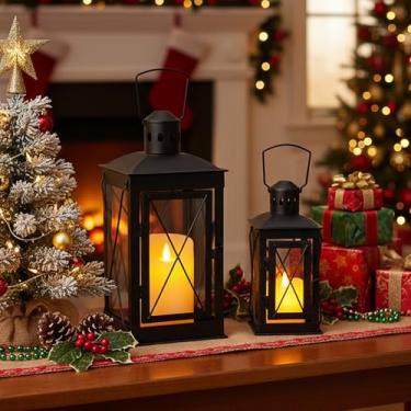 Imagem de TRIROCKS Conjunto de 2 lanternas decorativas de 30 cm e 20 cm com suporte de vela de metal alto perfeito para decoração de casa, pátio, sala de estar, festas, eventos, mesa, ambientes internos e