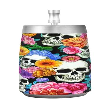 Imagem de Qilmy Cinzeiro de aço inoxidável de caveira de Halloween com tampa - Cinzeiro de cigarro à prova de vento sem cheiro sem fumaça para casa, escritório, carro, pátio, varanda (uso interno e externo)