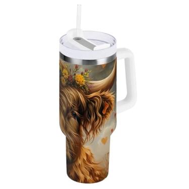 Imagem de Copo grande isolado de outono com tampa e canudo, copo com isolamento de parede dupla marrom floral de vaca Highland