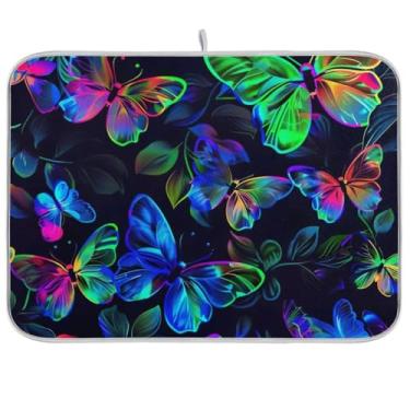 Imagem de Tapetes absorventes de secagem de louça, tapete de café reversível azul borboletas neon, escorredor de pratos de secagem rápida, tapete protetor de bancada, 45 x 61 cm