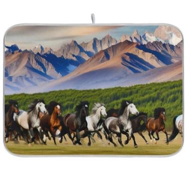 Imagem de Tapete de secagem de pratos Running Horses 40,6 cm x 45,7 cm Tapete de café de secagem rápida reversível tapete de escorredor de pratos tapete de balcão de cozinha