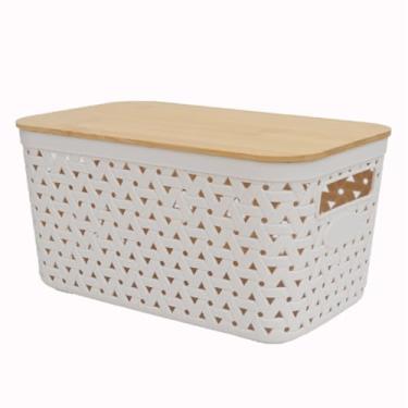 Imagem de Cesto de Armazenamento Bambu Estilo Xadrez Imitando Rotin Simple Caixa para Mesa Escritório com Tampa Solução Prática Organização Itens Essenciais Espaço em Casa
