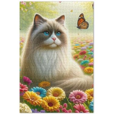 Imagem de Ragdoll Quebra-cabeças para adultos com estampa floral de gato, 500 peças, arte de flores de animais, presentes para amantes de família, 51 x 35 cm