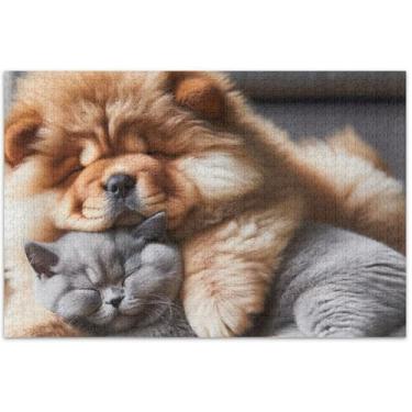 Imagem de Chow Chow Quebra-cabeça de gato engraçado para adultos, 500 peças, decoração de arte, pintura, quebra-cabeças coloridos, quebra-cabeça de família, presentes para amantes, 51 x 35 cm