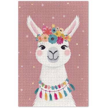 Imagem de Quebra-cabeça simples de uma linda lhama com flores em 500 peças para adultos arte colorida animal quebra-cabeças legais para adultos presentes de tecnologia de jogos, 51 x 35 centímetros