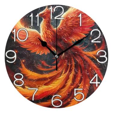 Imagem de GAIGEO Relógio de parede analógico decorativo operado por bateria relógio de cozinha fofo, arte de parede boho, decoração de casa, arte vívida Phoenix Fiery Wings, 25 cm, ponteiros pretos