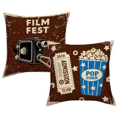 Imagem de JAERUE Fronhas com tema de filme vintage, 45 x 45 cm, retrô, para câmera, pipoca, capas de almofada, 2 unidades, decoração de home theater para amantes de filmes (marrom)