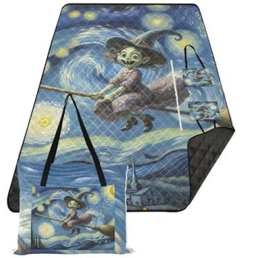 Imagem de TSENQUE Witch Starry Night Funny Cute Picnic Essentials Tapete de praia dobrável, sem areia, à prova d'água, cobertores de grama para atividades ao ar livre, 203 x 152 cm