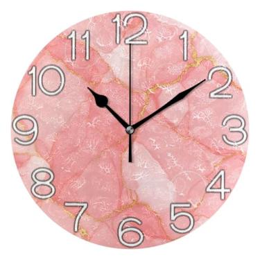 Imagem de GAIGEO Relógio de parede decorativo analógico operado por bateria relógio de cozinha rústico, decoração de parede de casa de fazenda moderna textura de mármore rosa, 25 cm, ponteiros pretos
