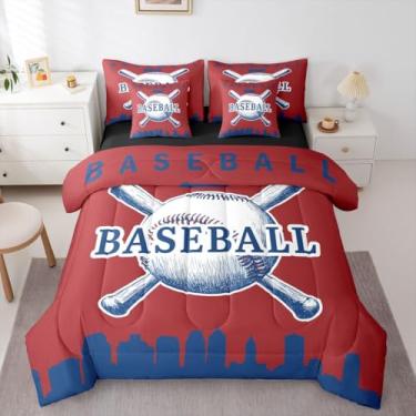 Imagem de Erosebridal Jogo de cama solteiro com edredom de beisebol, softball, 7 peças, para meninos, adolescentes, esportes, jogos, cama em uma bolsa, beisebol, cidade, (Philadelphia), azul marinho, vermelho