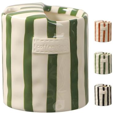 Imagem de Dexprosy Caneca de café de cerâmica com design listrado retrô, xícara dupla de porcelana de 293 ml, pintada à mão, resistente ao calor, antiderrapante, para expresso, leite, suco e mais (verde)