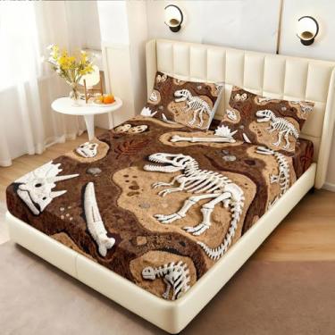 Imagem de AILONEN Jogo de lençol solteiro com estampa de esqueleto de dinossauro GG - Conjunto de lençóis de microfibra para meninos com design de fóssil e osso para amantes de dinossauros, 2 fronhas