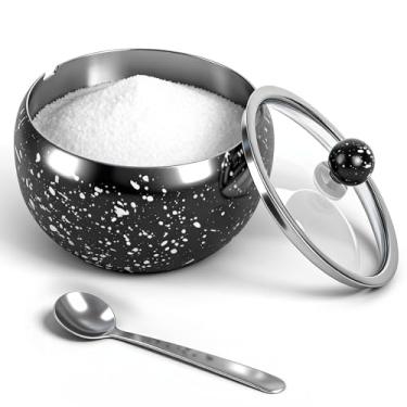 Imagem de holoith Recipiente de açúcar com tampa de vidro e colher, açucareiro de aço inoxidável padrão floco de neve de 473 ml para cafeteria, acessórios de estação, armazenamento de cozinha para sal, doces