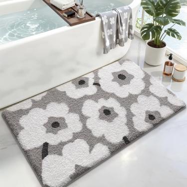 Imagem de LUMI Tapetes de banheiro com design floral fofo, tapete de banho de microfibra absorvente macio, antiderrapante, lavável na máquina, secagem rápida, cinza, tapete de luxo para chão, banheira