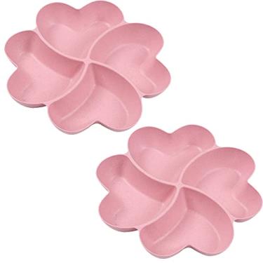 Imagem de Bandeja de servir dividida, travessa seccionada com aperitivo, prato de servir sobremesa, pratos de lanche de plástico reutilizáveis, bandeja redonda para tempero, 4 compartimentos para batatas fritas e vegetais doces de nozes (rosa)