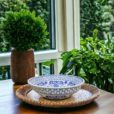 Imagem de Fruteira Centro De Mesa Saladeira Porcelana Azul Branca 26X9