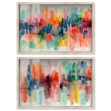 Imagem de Conjunto de 2 arte de parede de banheiro com estampa de caixa de sombra, energia costeira, azul-petróleo e coral, por Art Remedy, moldura loira, 78 x 53 cm