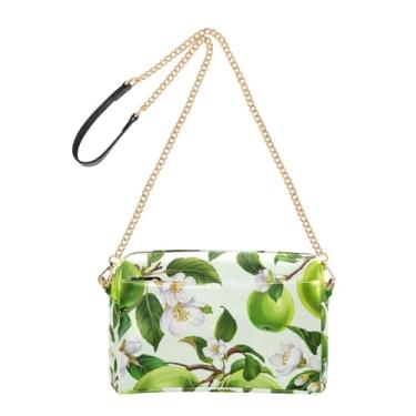 Imagem de Joitme Bolsa tiracolo feminina, maçãs verdes, flores brancas, bolsa para celular, linda bolsa de ombro de couro PU, alça de corrente