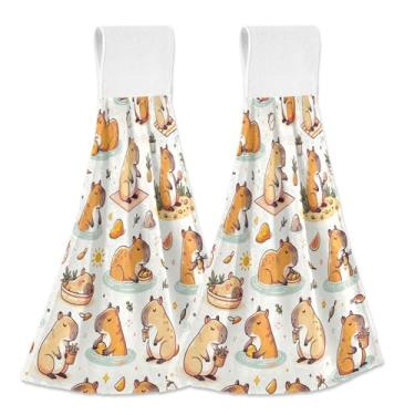 Imagem de Joitme Toalhas de mão engraçadas capivaras penduradas com laço pacote com 2, panos de prato decorativos macios de lã coral absorvente para cozinha e banheiro