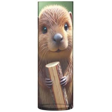 Imagem de Vaso cilíndrico vaso de flores bonito castor animal plástico vasos altos bonitos personalizados floral decoração de casa estética, 30 cm x 9,9 cm