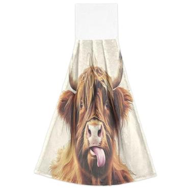 Imagem de Joitme Toalhas de mão coladas de língua de vaca Highland com laços para pendurar toalhas de forno altamente absorventes conjunto de 2, toalhas de cozinha decorativas 18,2 x 14 polegadas