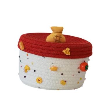 Imagem de IEUDNS Cesto de armazenamento em corda com tampa, organizador para casa, decoração em tecido trançado para quarto de bebê e cosméticos, Tampa Vermelha, Base Branca