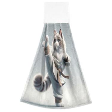 Imagem de Joisal Ragdoll Toalhas de mão engraçadas de gato de karatê com laços para pendurar no forno toalha de dedo toalha absorvente macia para cozinha banheiro conjunto de 2, 45 x 35 centímetros